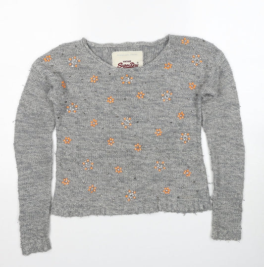 Marks and Spencer Womens Grey Boat Neck Cotton Pullover Jumper Size XS