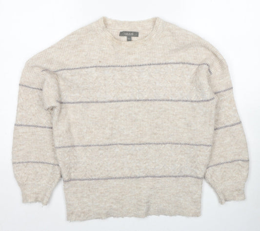Oasis Womens Beige Round Neck Striped Acrylic Pullover Jumper Size S