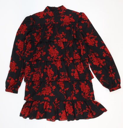 Missguided Womens Black Floral Polyester Mini Size 8 Mock Neck Button