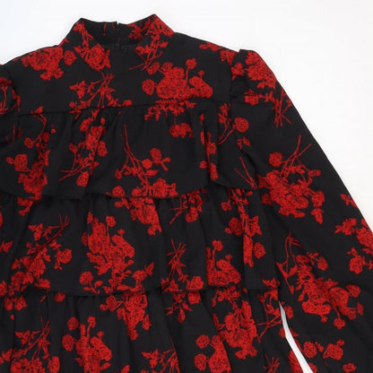 Missguided Womens Black Floral Polyester Mini Size 8 Mock Neck Button