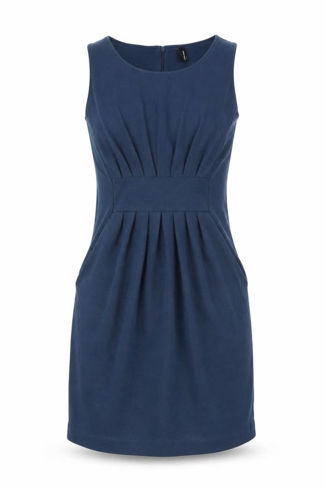VERO MODA Womens Blue Polyester Shift Size S Boat Neck Zip - Front Pleat Detail