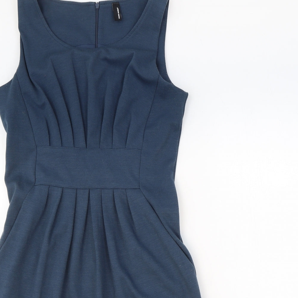 VERO MODA Womens Blue Polyester Shift Size S Boat Neck Zip - Front Pleat Detail