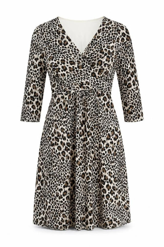Julian McDonald Womens Beige Animal Print Polyester Fit & Flare Size 12 V-Neck Pullover