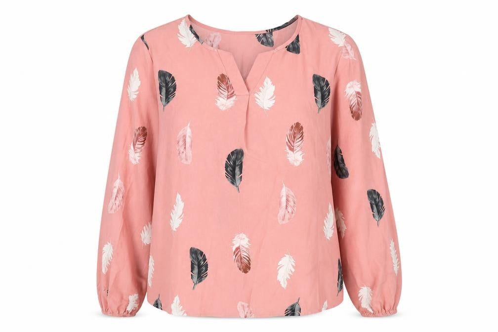 SheIn Womens Pink Geometric Polyester Basic Blouse Size XL V-Neck - Feather Print