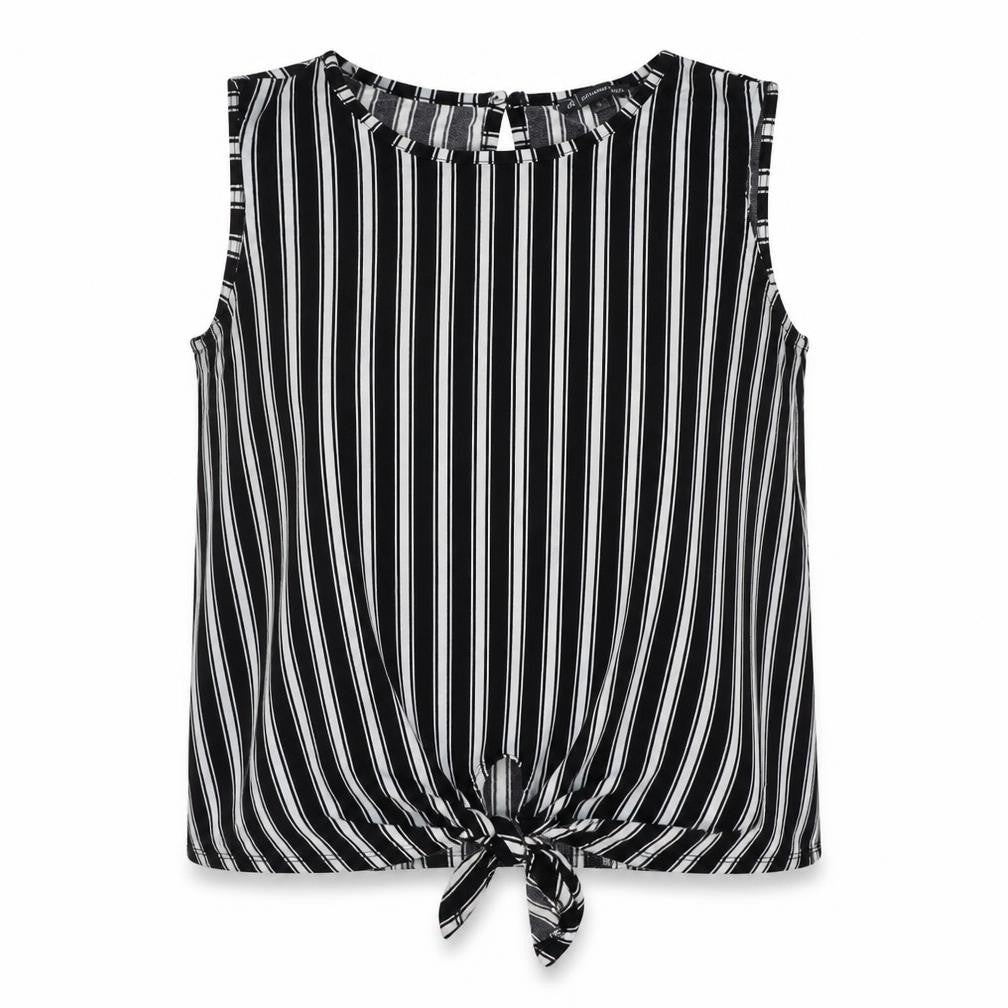 Adrianna Papell Womens Black Striped Polyester Cropped Tank Size M Boat Neck - Tie Front