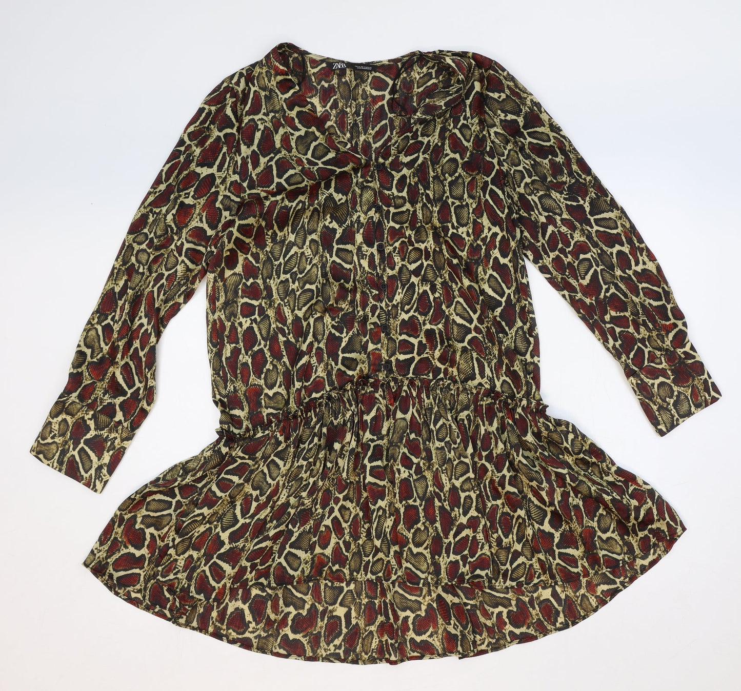 Zara Womens Yellow Animal Print Polyester Fit & Flare Size M V-Neck Button - Snakeskin Pattern