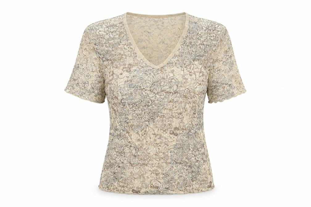Bonmarché Womens Beige Geometric Polyester Basic T-Shirt Size S V-Neck