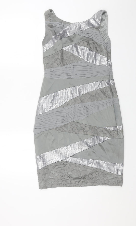 Jax Womens Grey Geometric Polyester Pencil Dress Size 8 Boat Neck Zip - Lace Panels