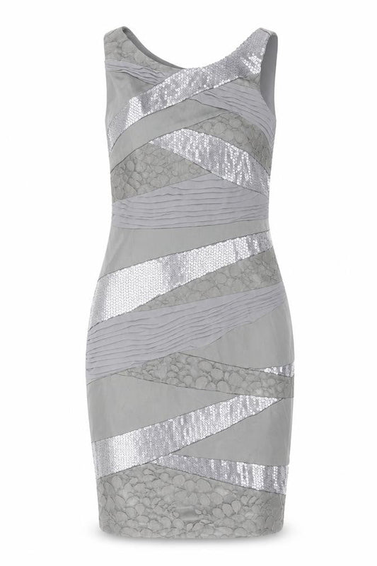 Jax Womens Grey Geometric Polyester Pencil Dress Size 8 Boat Neck Zip - Lace Panels