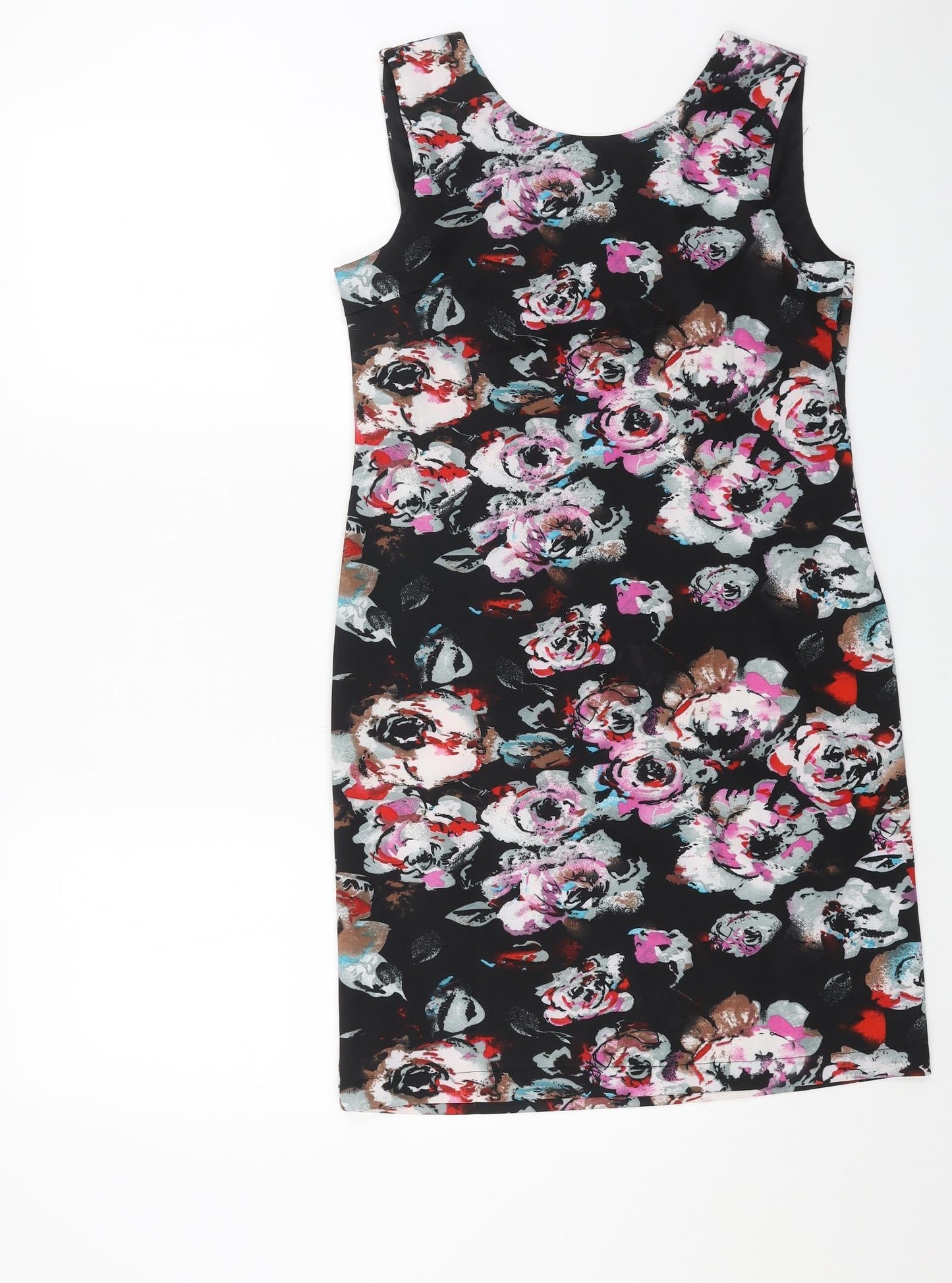 VENCO Womens Black Floral Polyester Shift Size 16 Scoop Neck Zip