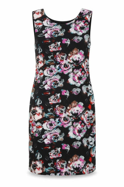 VENCO Womens Black Floral Polyester Shift Size 16 Scoop Neck Zip