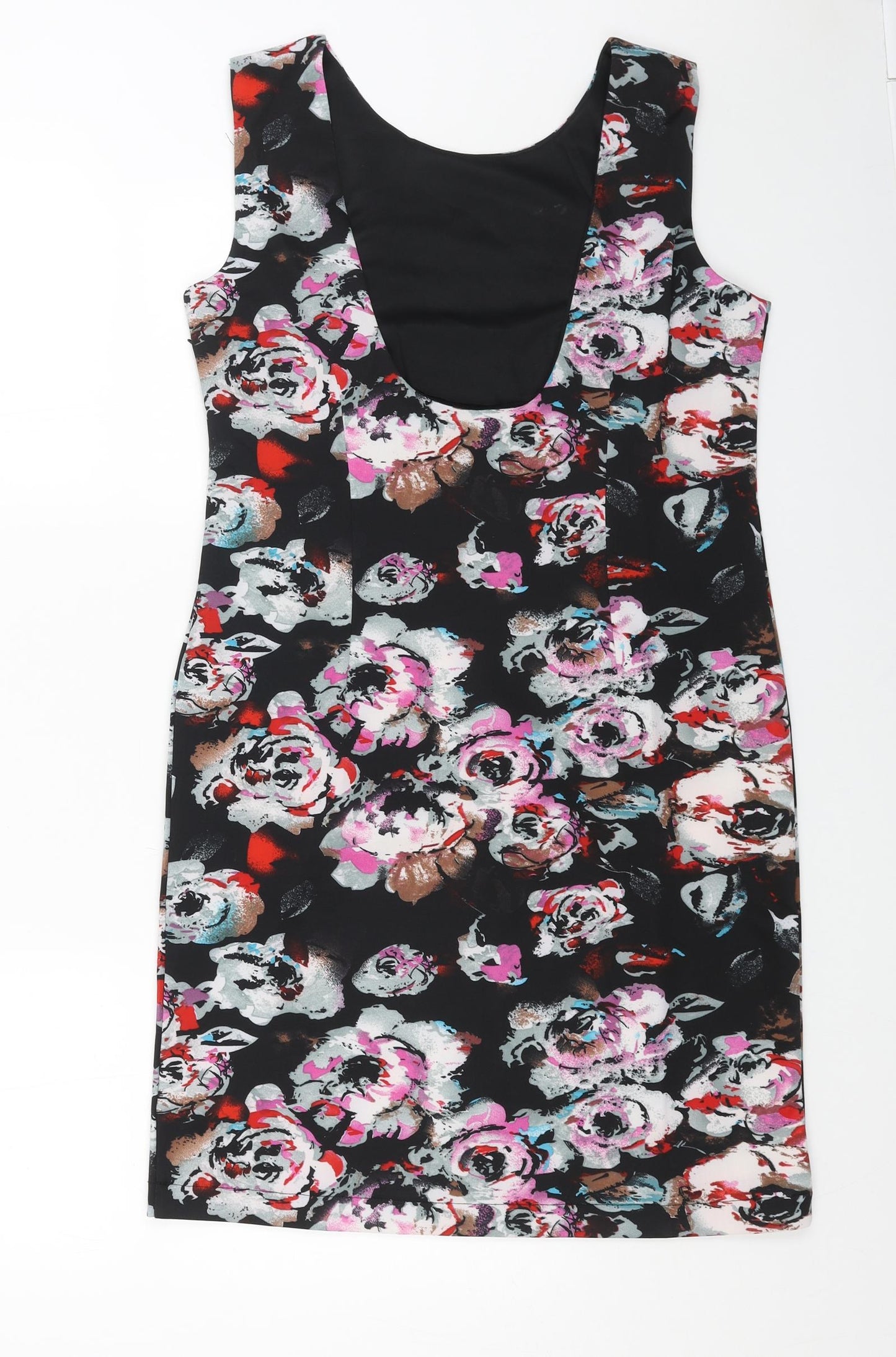 VENCO Womens Black Floral Polyester Shift Size 16 Scoop Neck Zip