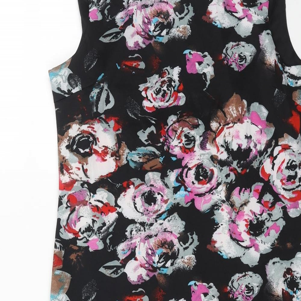 VENCO Womens Black Floral Polyester Shift Size 16 Scoop Neck Zip