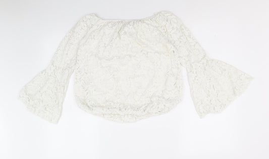 Quiz Womens White Floral Polyester Cropped Blouse Size M Off the Shoulder - Bell Sleeve Bardot