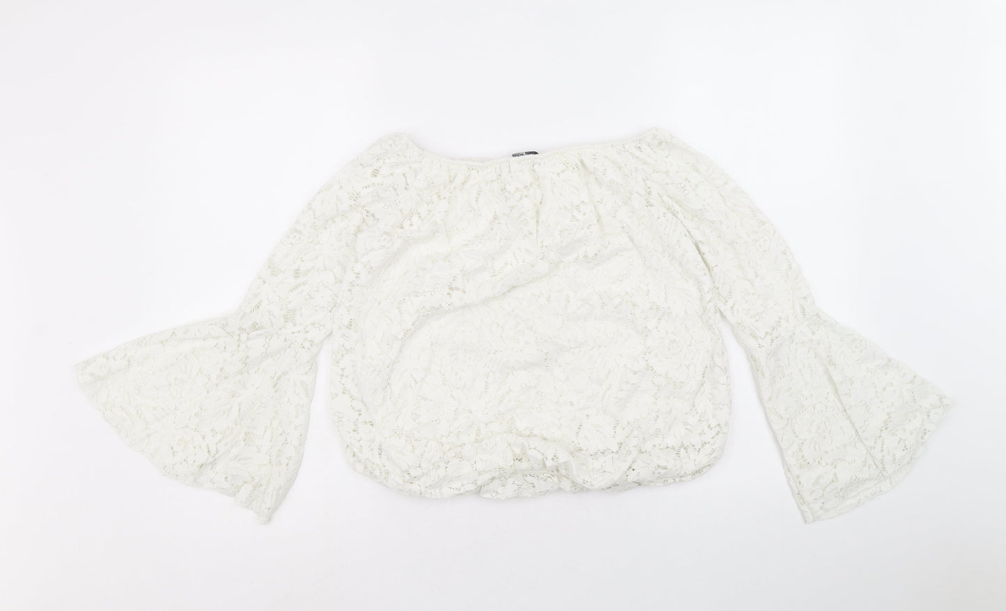 Quiz Womens White Floral Polyester Cropped Blouse Size M Off the Shoulder - Bell Sleeve Bardot