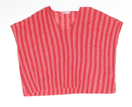 Zara Womens Red Striped Polyester Basic Blouse Size M V-Neck