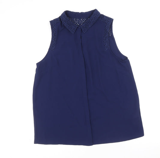 Dorothy Perkins Womens Blue Polyester Basic Button-Up Size 14 Collared - Broderie Anglaise