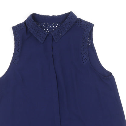 Dorothy Perkins Womens Blue Polyester Basic Button-Up Size 14 Collared - Broderie Anglaise