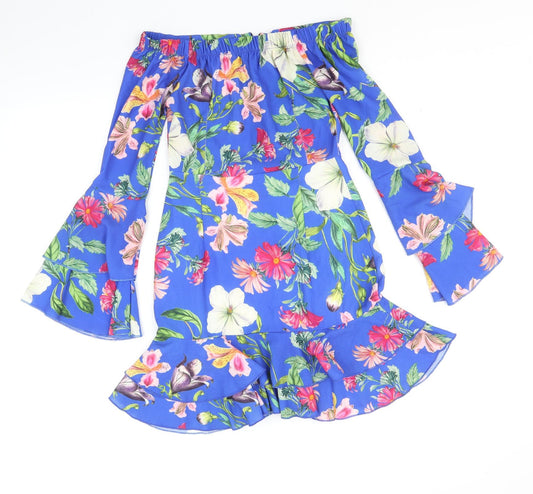 Lustre Womens Blue Floral Polyester Trapeze & Swing Size 6 Off the Shoulder Zip