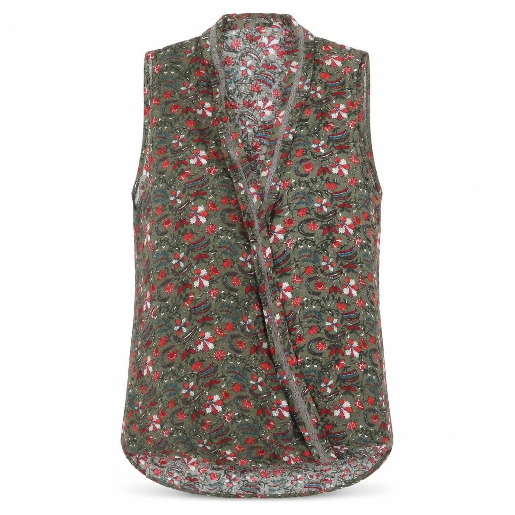 CTF Womens Green Floral Polyester Basic Tank Size L V-Neck