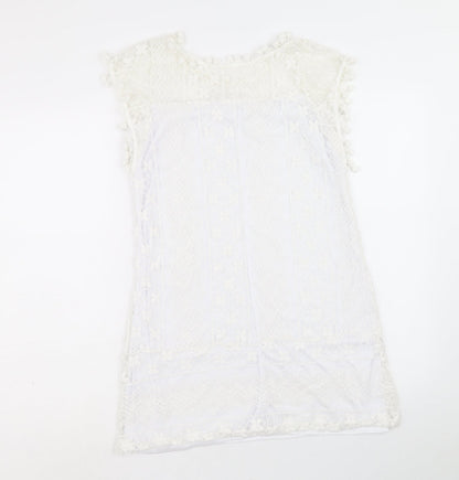 Womens White Geometric Cotton A-Line Size M Round Neck Pullover