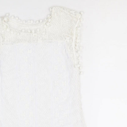 Womens White Geometric Cotton A-Line Size M Round Neck Pullover