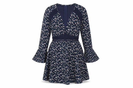 Boohoo Womens Blue Floral Polyester Fit & Flare Size 8 V-Neck Zip