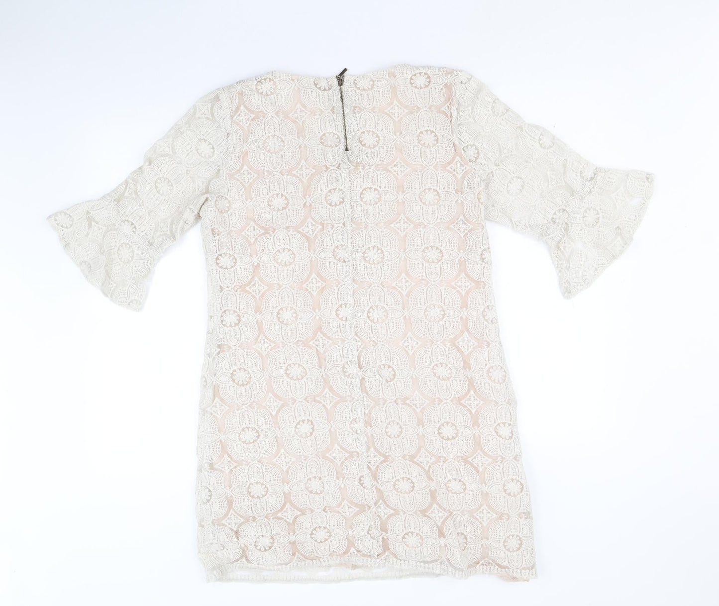 M&Co Womens Ivory Geometric Nylon A-Line Size 14 Round Neck Zip