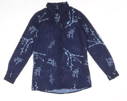 Sonsandar Womens Blue Floral Polyester Basic Button-Up Size 8 Collared