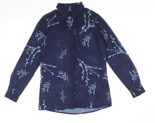 Sosandar Womens Blue Floral Polyester Basic Button-Up Size 8 Collared