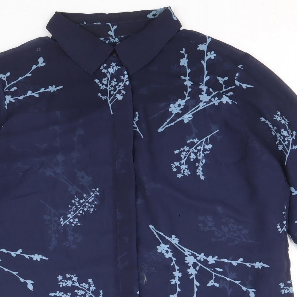 Sosandar Womens Blue Floral Polyester Basic Button-Up Size 8 Collared