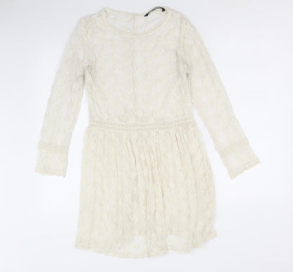 Zara Womens Ivory Geometric Polyester Fit & Flare Size S Round Neck Button