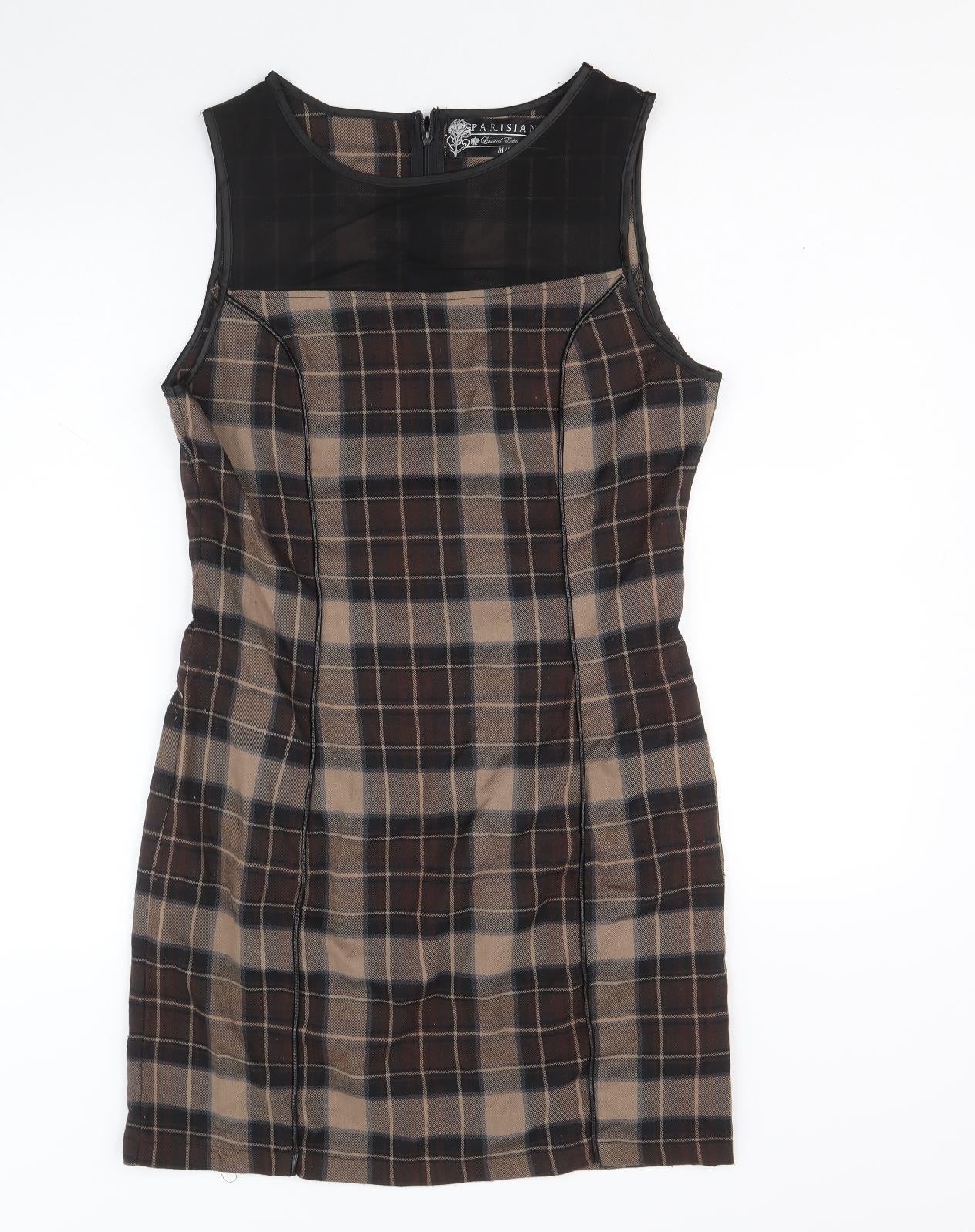 Parisian Womens Beige Plaid Polyester A-Line Size M Round Neck