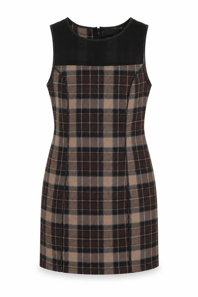 Parisian Womens Beige Plaid Polyester A-Line Size M Round Neck