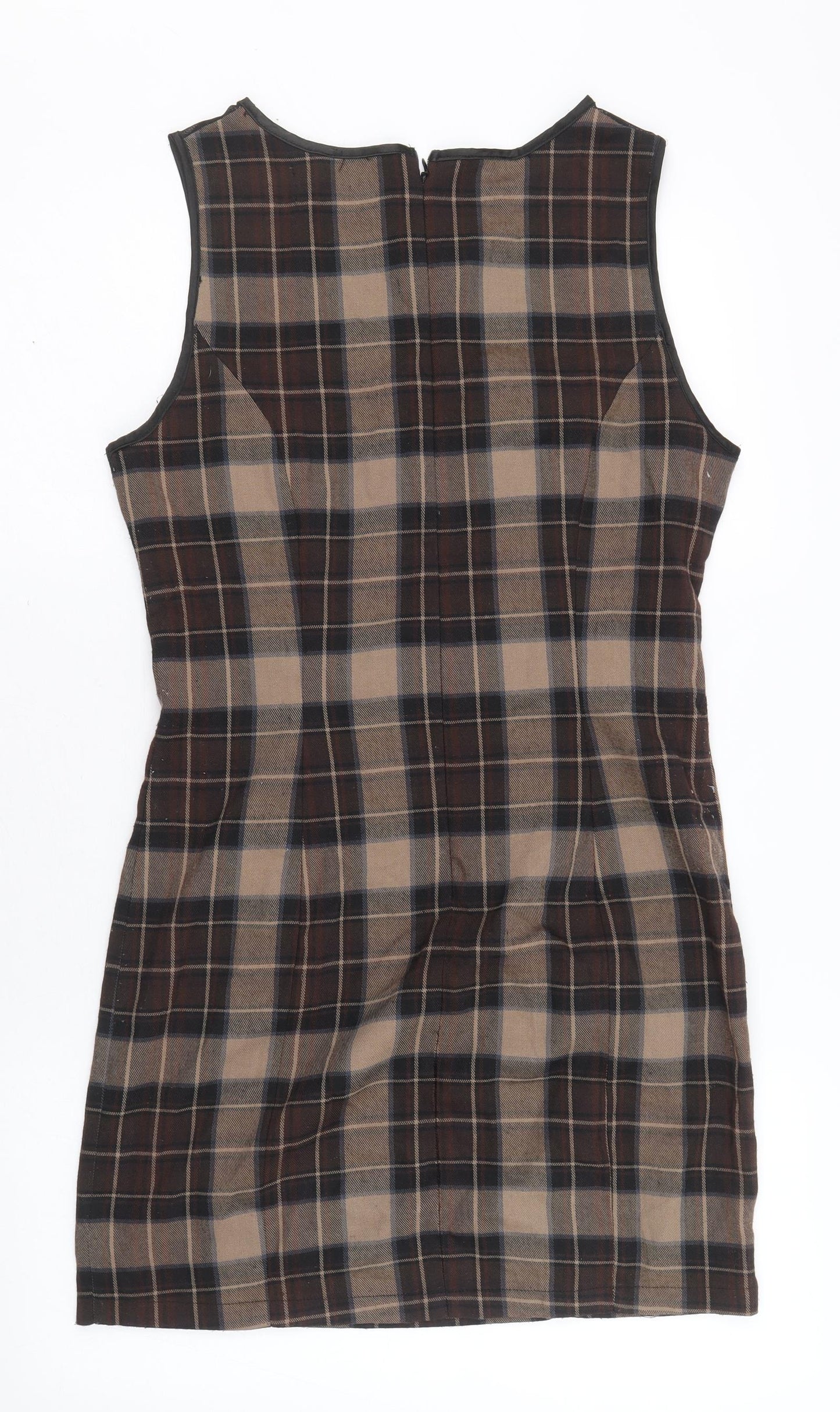 Parisian Womens Beige Plaid Polyester A-Line Size M Round Neck