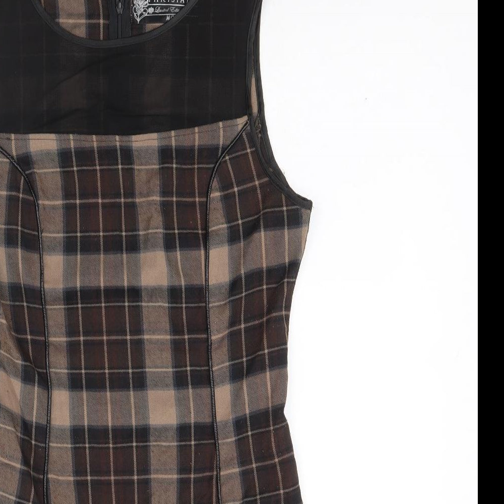 Parisian Womens Beige Plaid Polyester A-Line Size M Round Neck