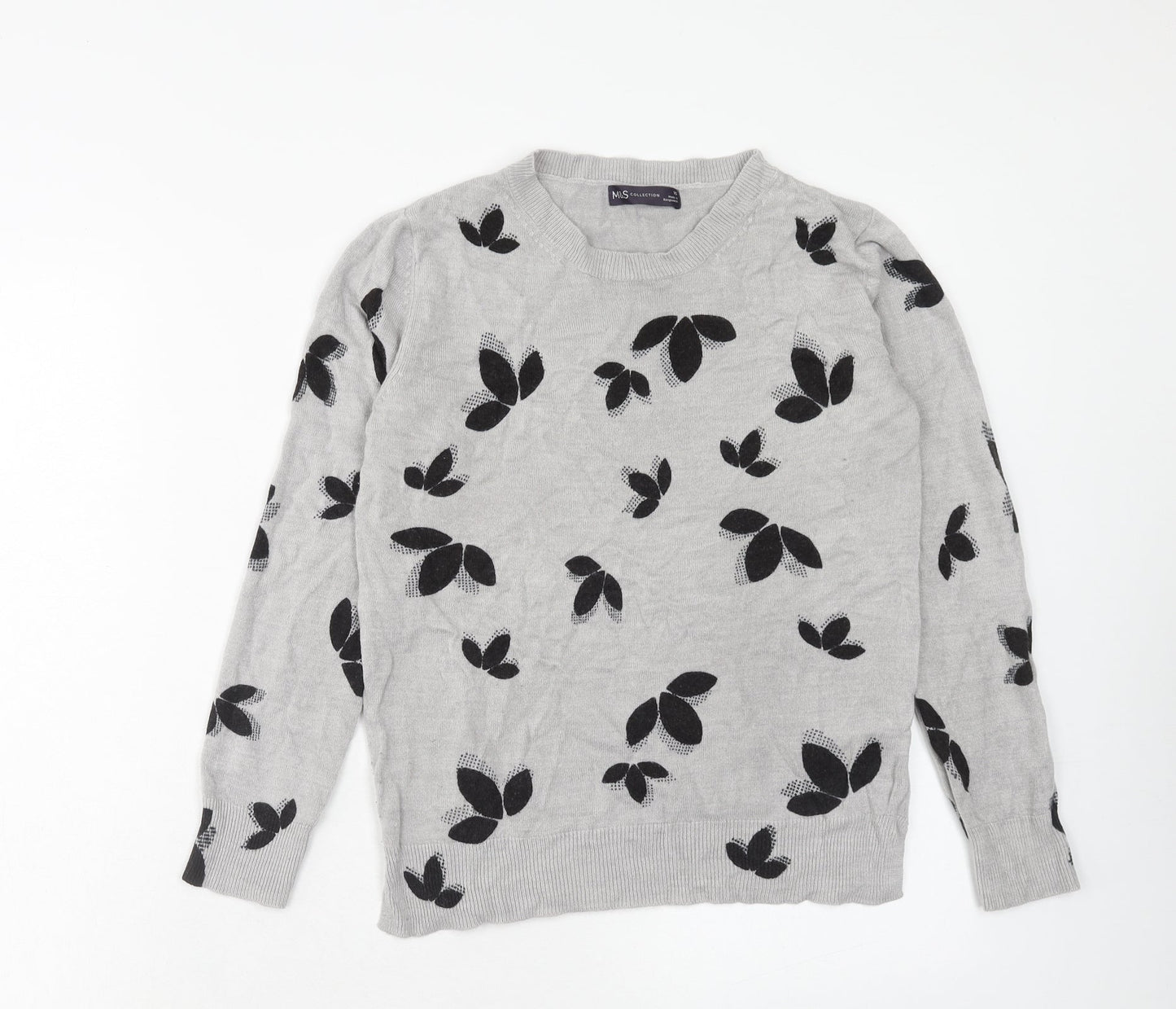 Marks and Spencer Womens Grey Round Neck Floral Acrylic Pullover Jumper Size 10