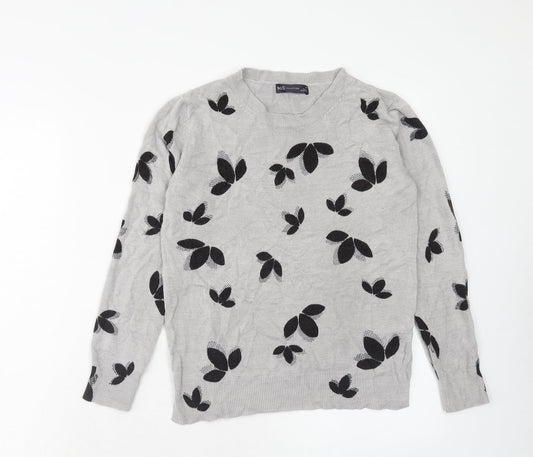 Marks and Spencer Womens Grey Round Neck Floral Acrylic Pullover Jumper Size 10