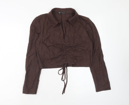 Zara Womens Brown Viscose Cropped Blouse Size L Collared - Front Ruched