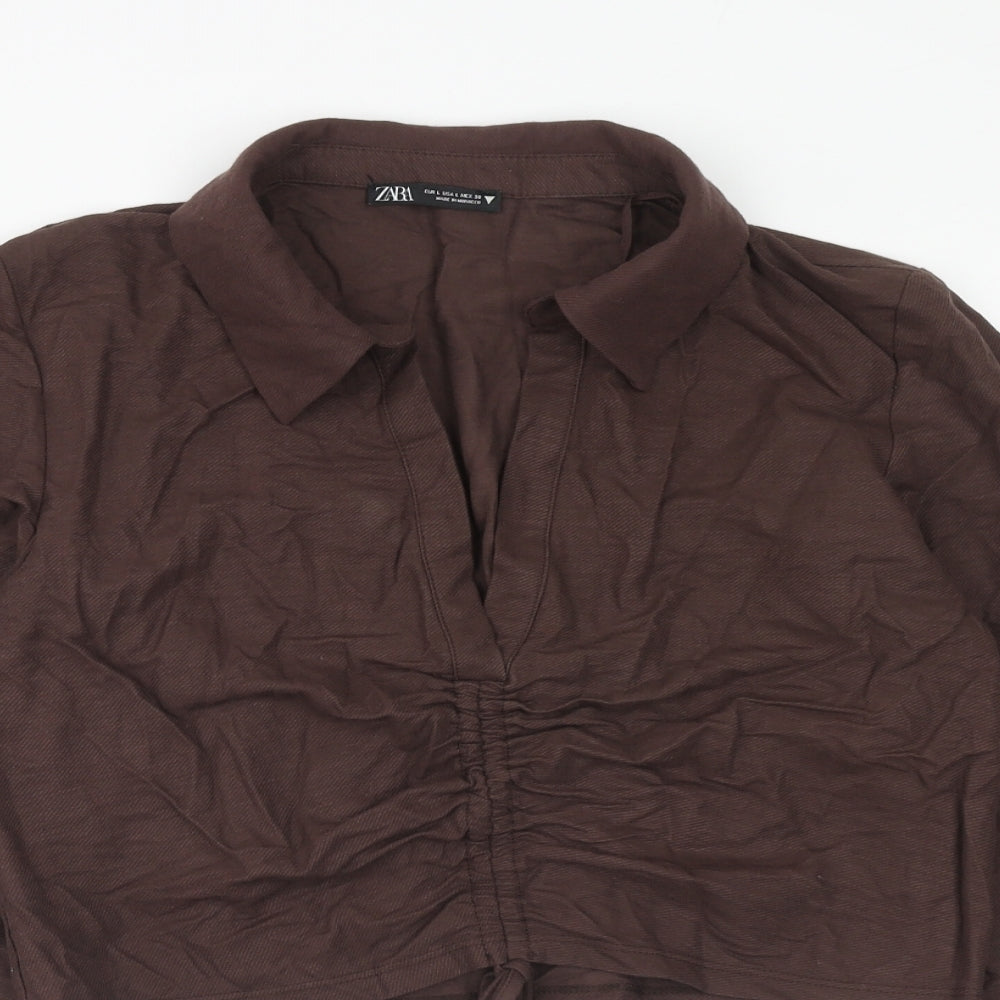 Zara Womens Brown Viscose Cropped Blouse Size L Collared - Front Ruched
