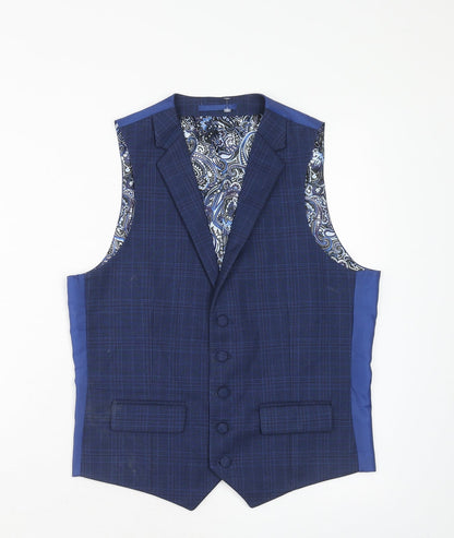 ONESIX5IVE5ive Mens Blue Plaid Polyester Jacket Suit Waistcoat Size 36 Regular