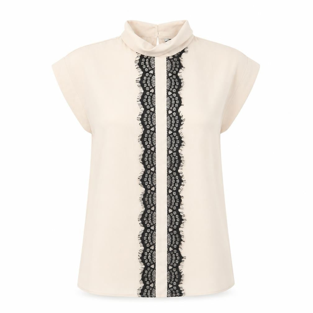 New Look Womens Beige Polyester Basic Blouse Size 8 Roll Neck - Lace Detail
