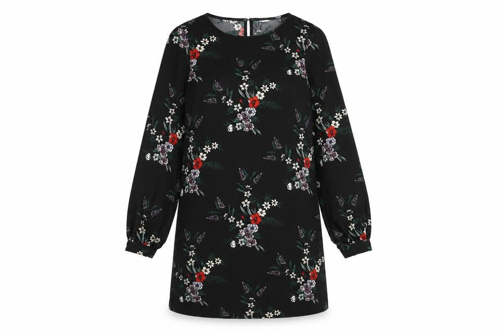 H&M Womens Blue Floral Polyester A-Line Size 8 Round Neck Button