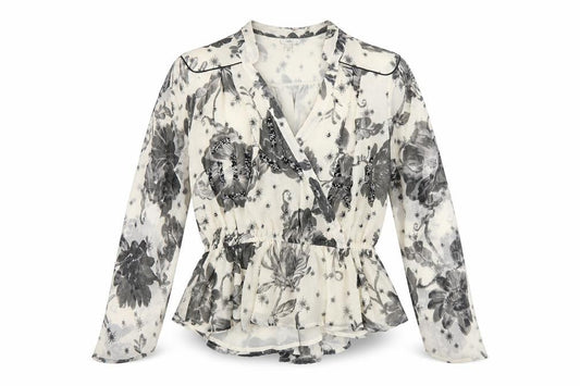 River Island Womens Beige Floral Polyester Cropped Blouse Size 12 V-Neck - Peplum