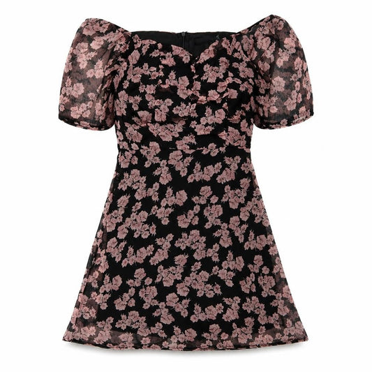 Missguided Womens Black Floral Polyester Trapeze & Swing Size 6 Off the Shoulder Zip