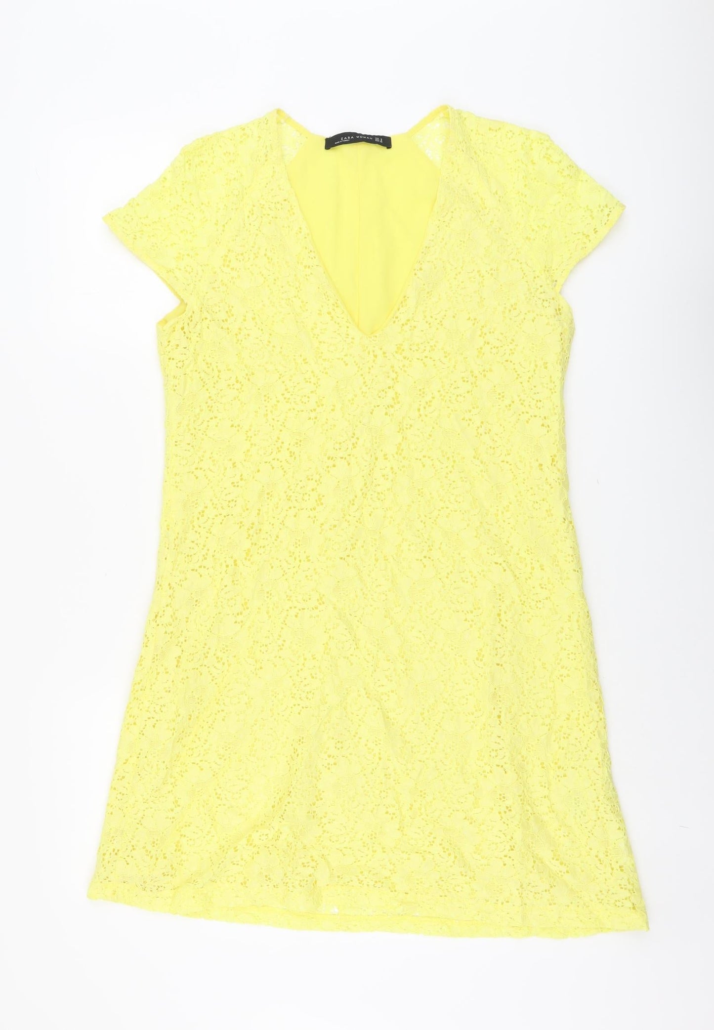Zara Womens Yellow Geometric Polyamide A-Line Size M V-Neck Pullover
