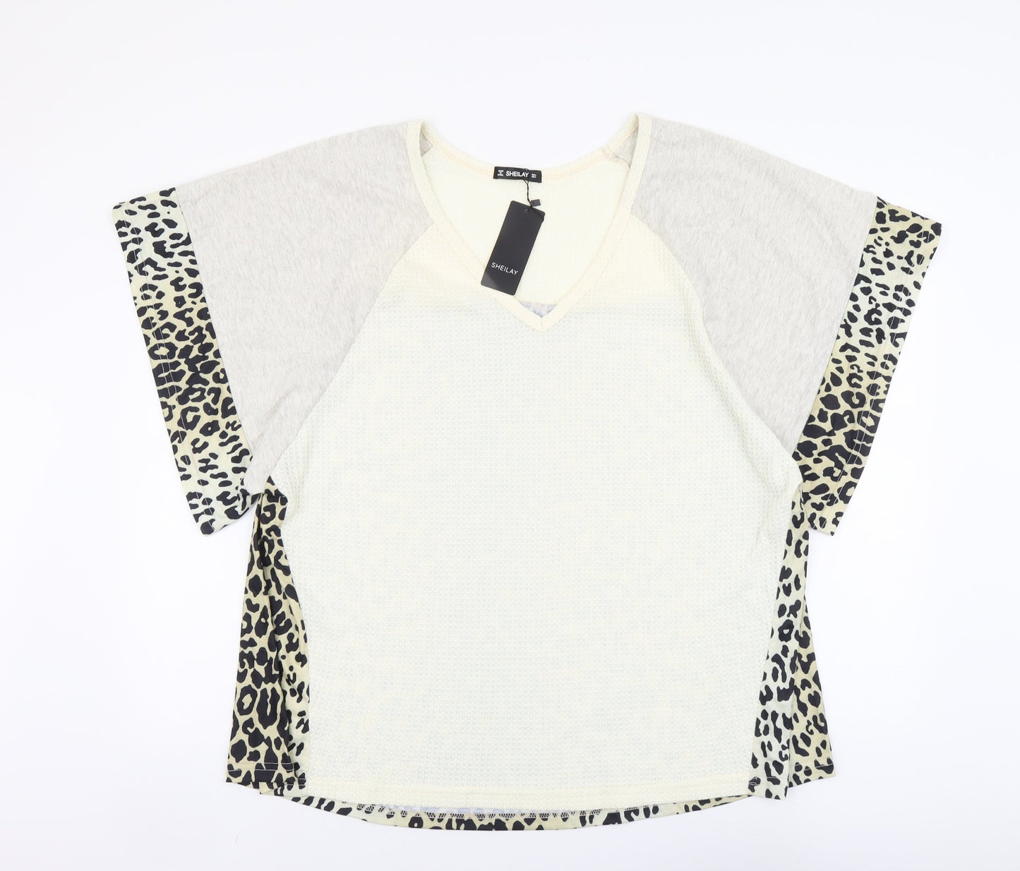 SHEILAY Womens Multicoloured Animal Print Polyester Basic Blouse Size L V-Neck - Leopard Pattern