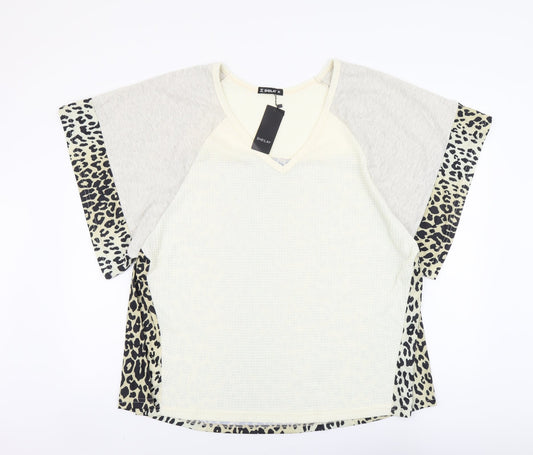 SHEILAY Womens Multicoloured Animal Print Polyester Basic Blouse Size L V-Neck - Leopard Pattern