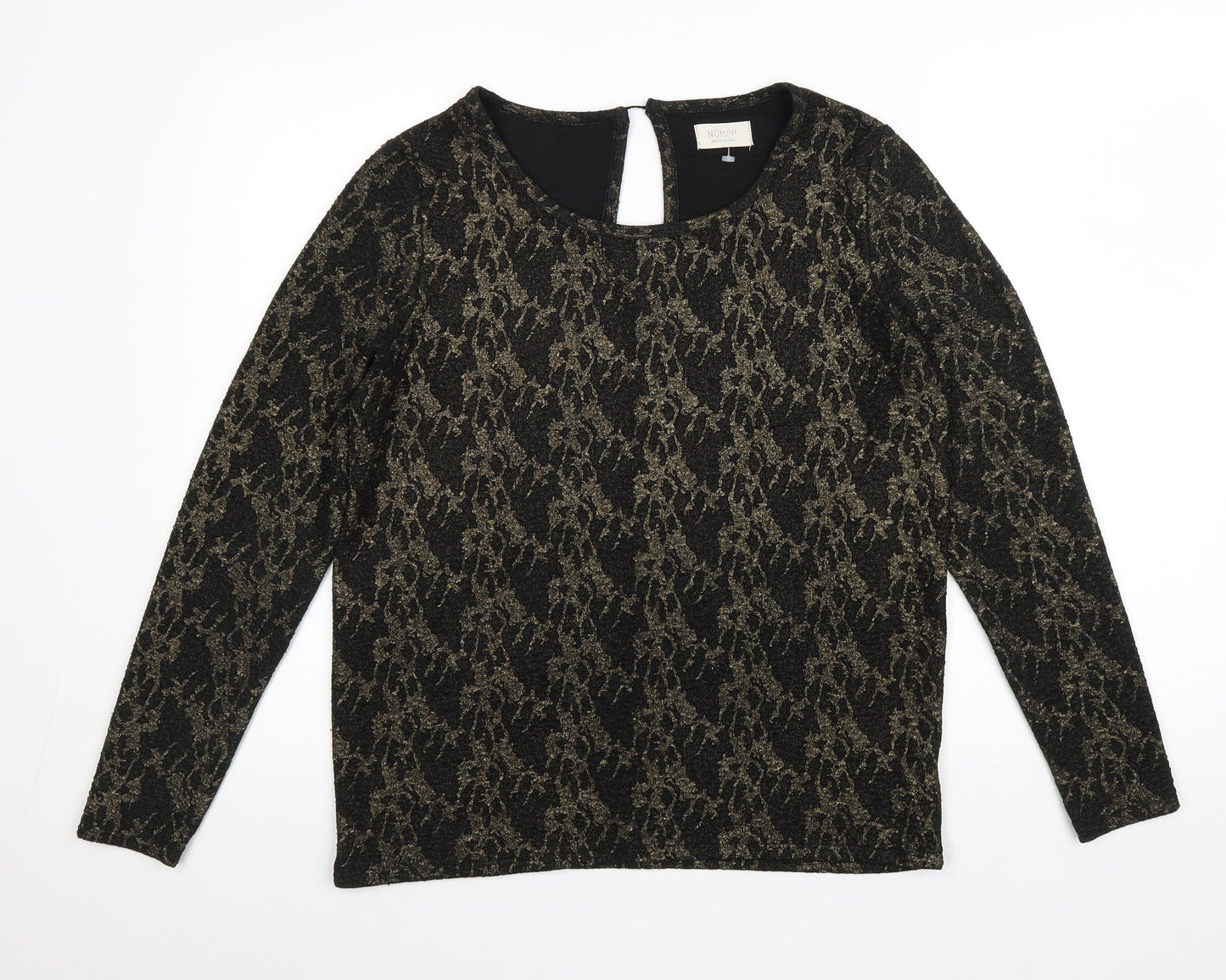 Numph Womens Black Geometric Polyester Basic Blouse Size L Scoop Neck
