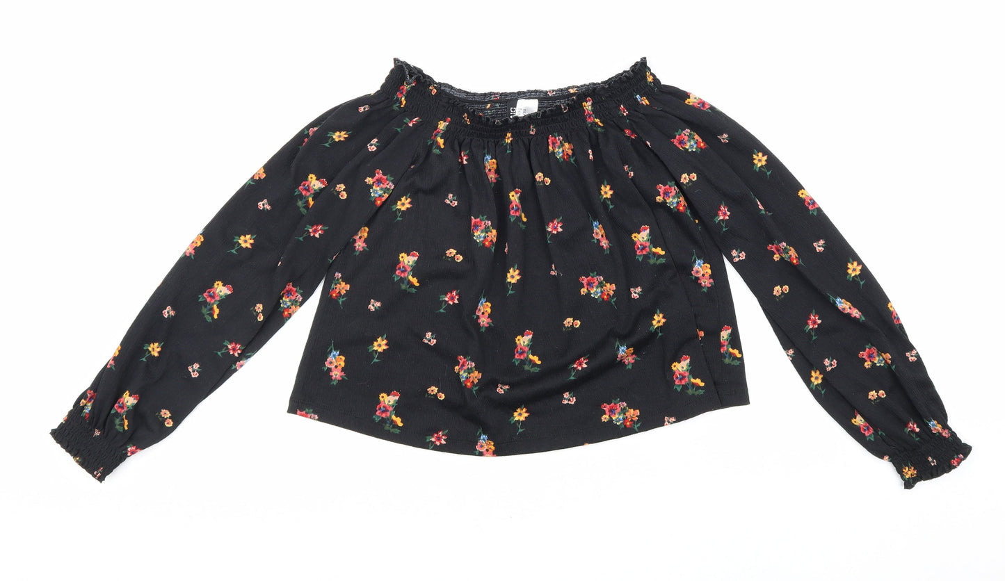 Divided Womens Black Floral Polyester Cropped Blouse Size XS Boat Neck